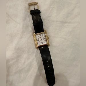 Michael Kors Gold Rectangle Watch Face with Black Leather Band